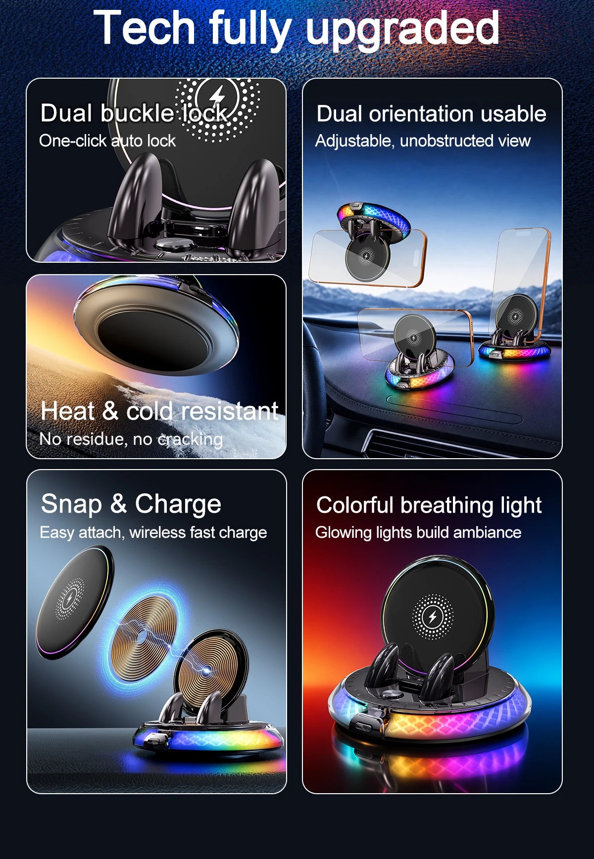 A set of wireless car charger mounts featuring dual buckle lock, dual orientation, heat resistant design, and colorful breath