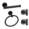 Matte black bathroom hardware set including a toilet paper holder, towel ring, and hooks.