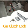 A heavy-duty stainless steel adjustable brake pedal lock for cars, SUVs, and trucks, shown with a key and mounting bracket.