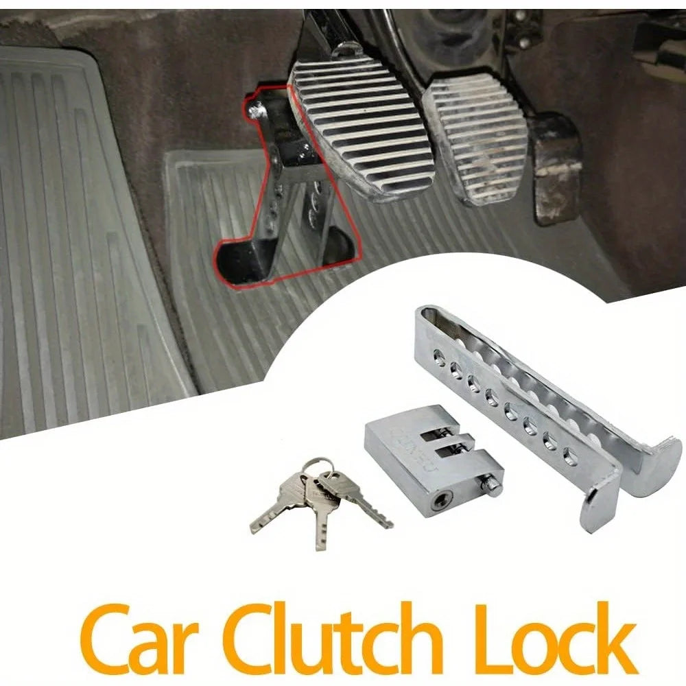 A heavy-duty stainless steel adjustable brake pedal lock for cars, SUVs, and trucks, shown with a key and mounting bracket.