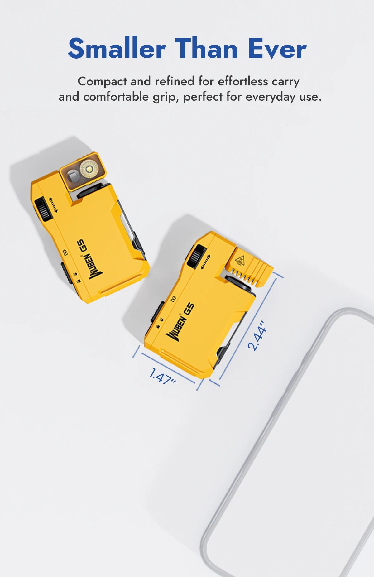 A yellow Wuben G5 compact rechargeable flashlight is shown next to a measuring tape, highlighting its small size.