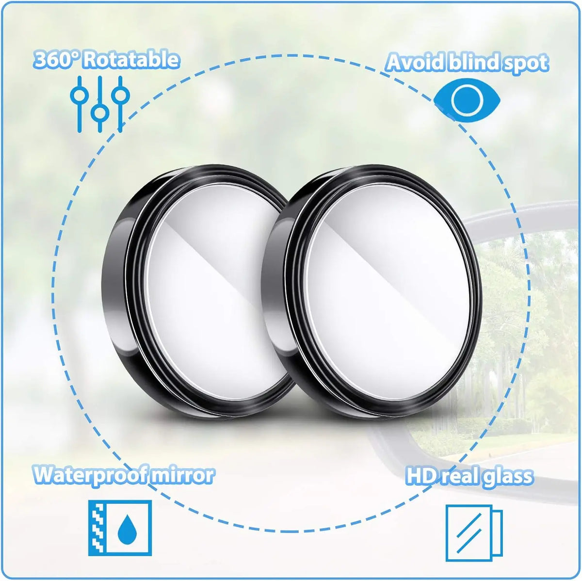 A pair of waterproof HD real glass 360° rotatable car blind spot mirrors for wide angle visibility.