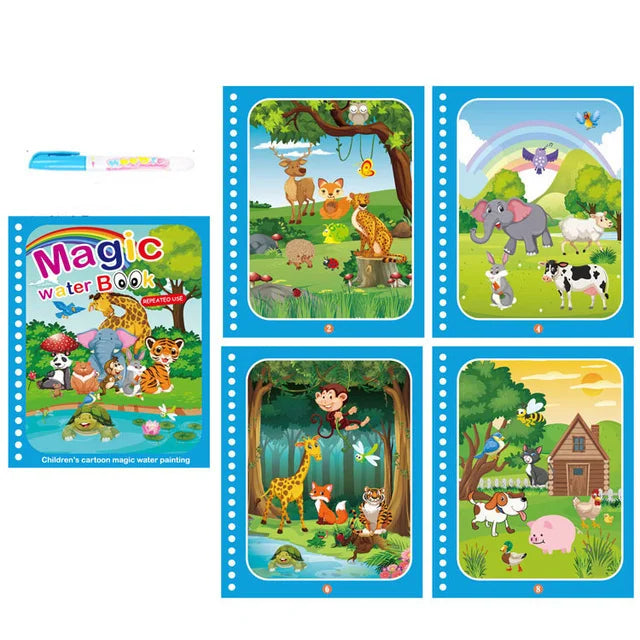 A set of six pages from a reusable water drawing book featuring cartoon animals and nature scenes.