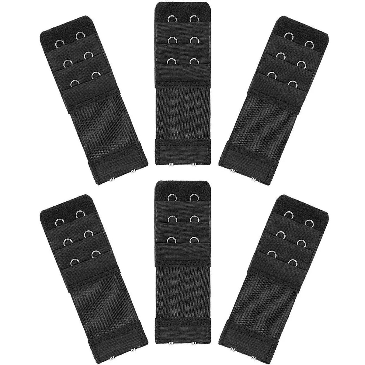 Black soft stretch bra extender with three-position hook adjustment shown in multiple views