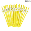 A set of 20 yellow disposable plastic straws decorated with white daisy flowers for party tableware.