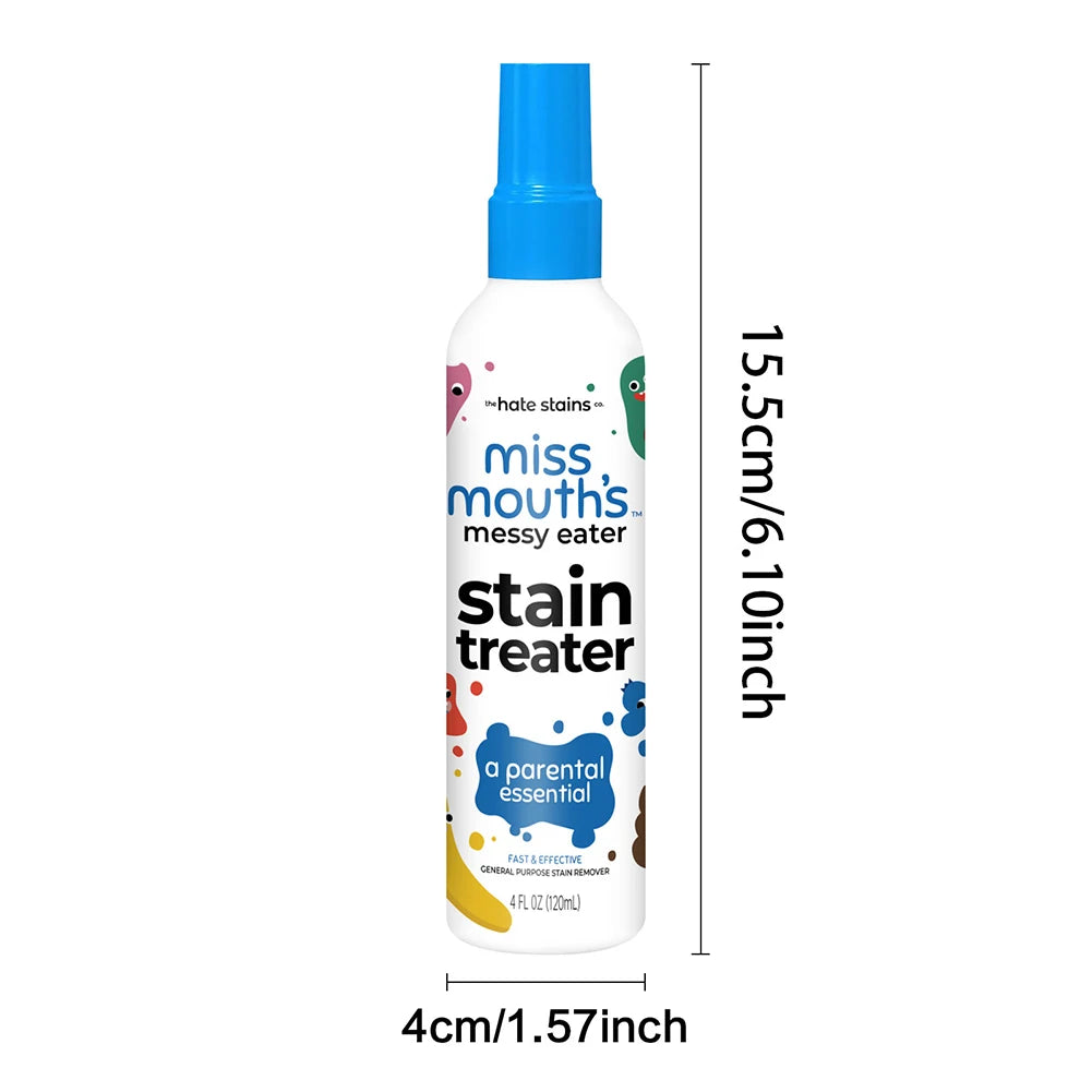 A white bottle of miss mouths stain treater with a blue cap and a green spray nozzle.