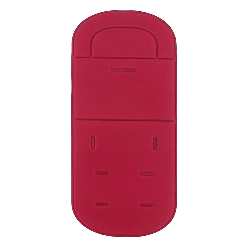 A bright red, oval-shaped stroller seat cushion with molded contours for a baby.