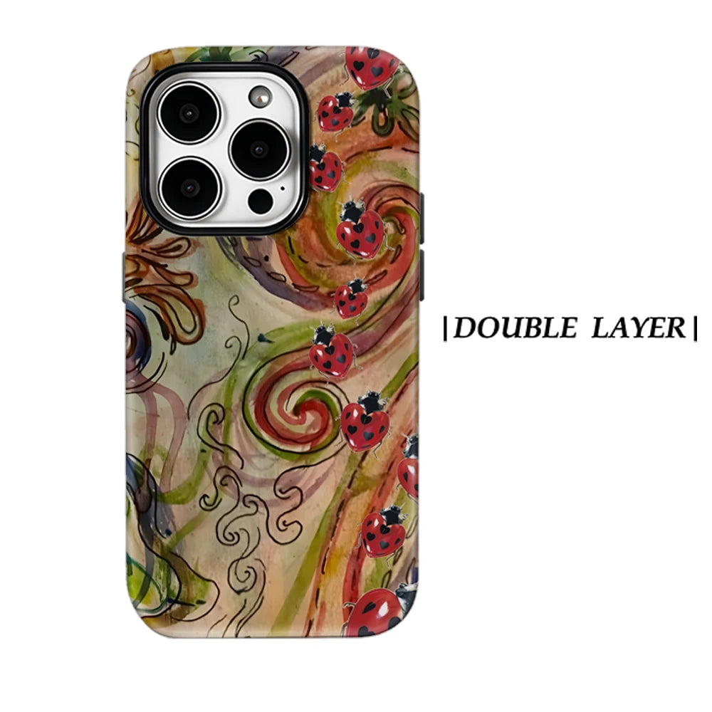 A phone case featuring a swirling ladybug pattern with a magnetic camera cutout and double-layer protection.