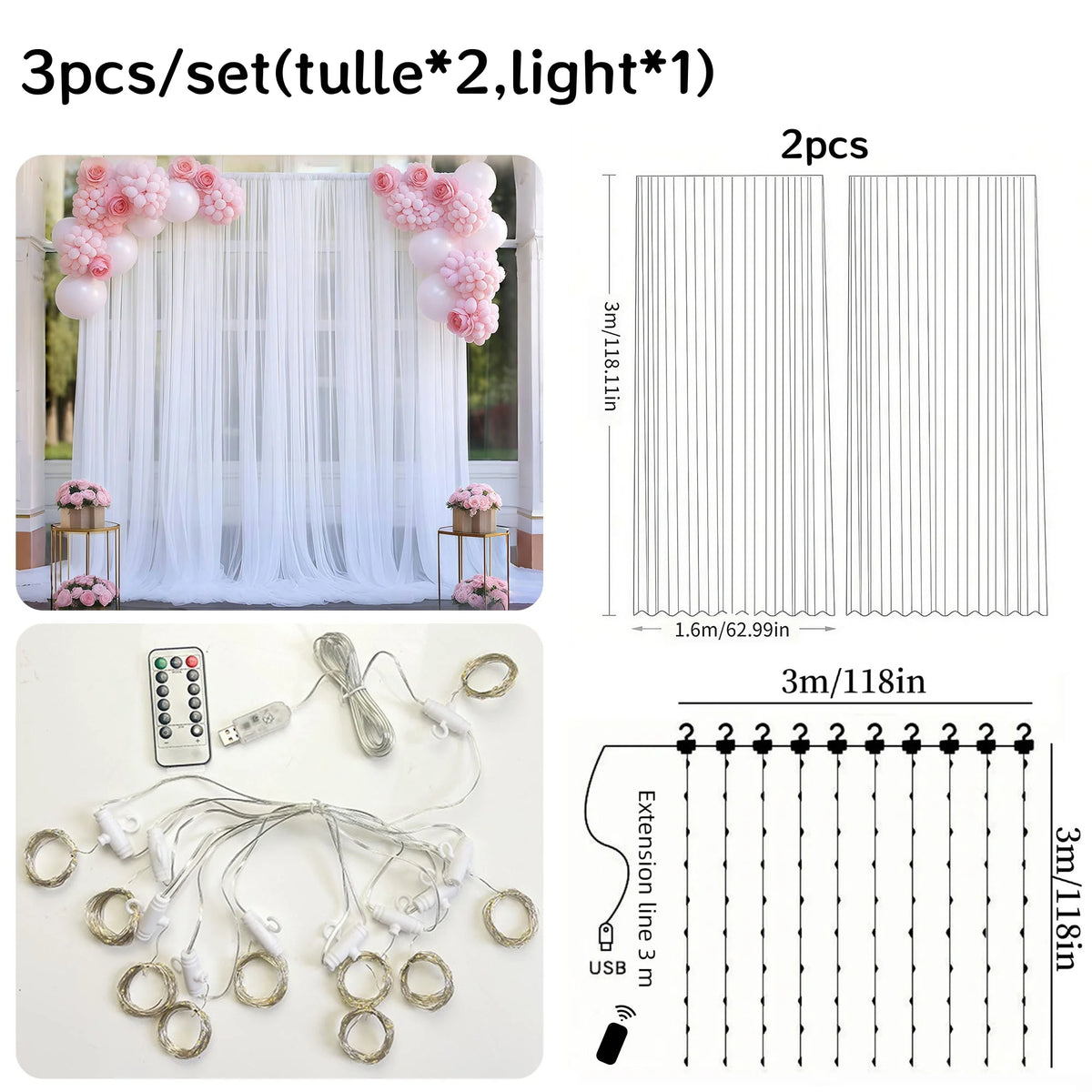 A set of three sheer tulle curtains with light attachments and a USB extension line are shown.
