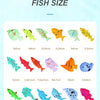 A collection of various fish shapes in different colors and sizes for a magnetic fishing game set.