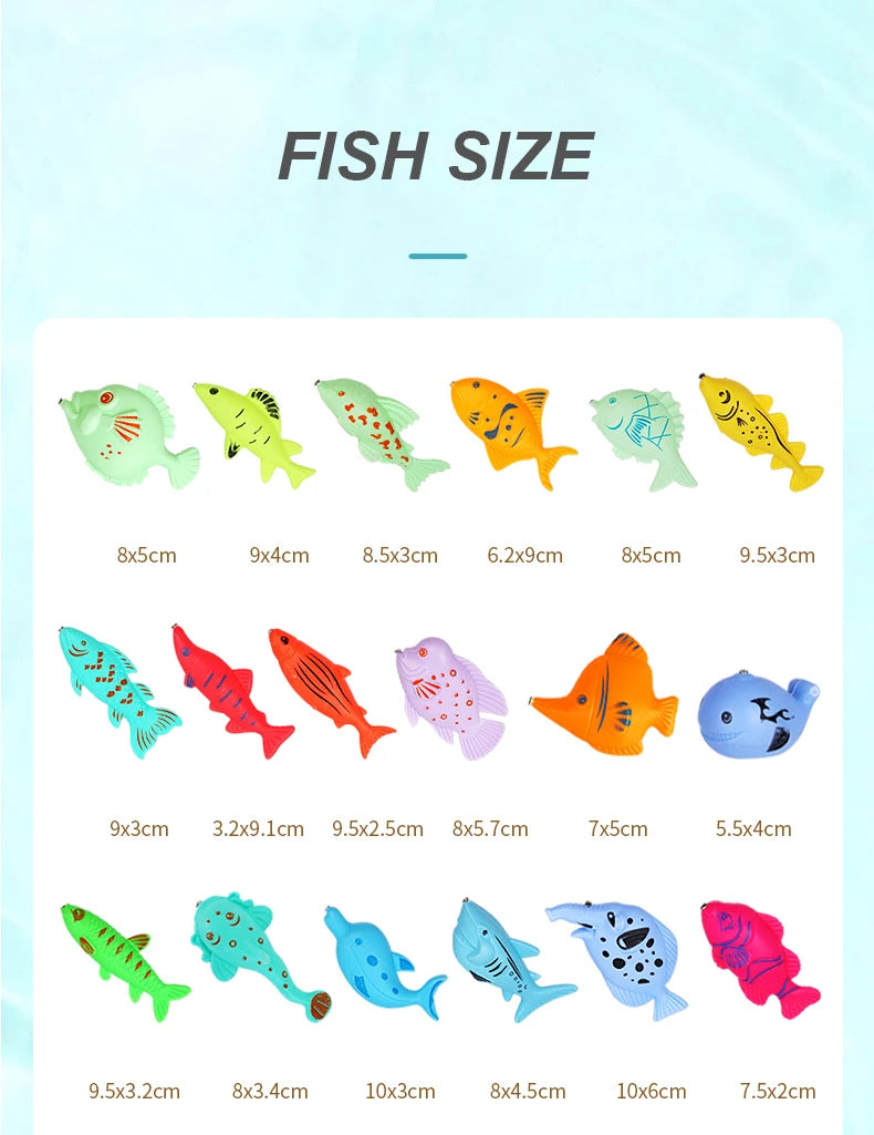A collection of various fish shapes in different colors and sizes for a magnetic fishing game set.