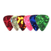 A collection of ten guitar picks in various colors including red, green, purple, and yellow.