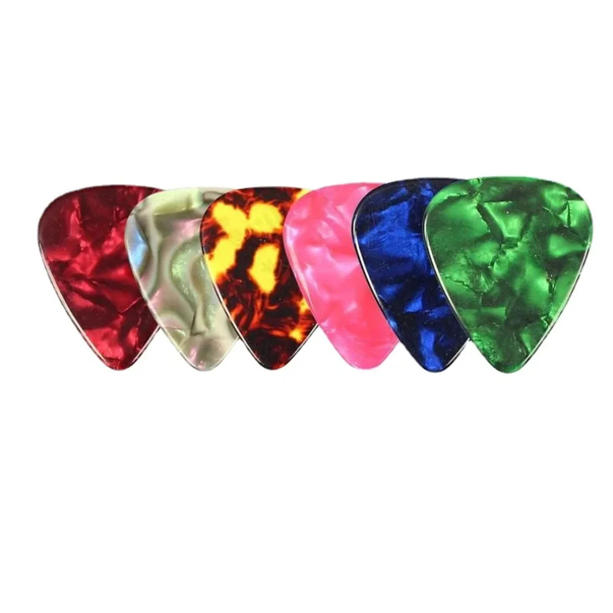 A collection of ten guitar picks in various colors including red, green, purple, and yellow.