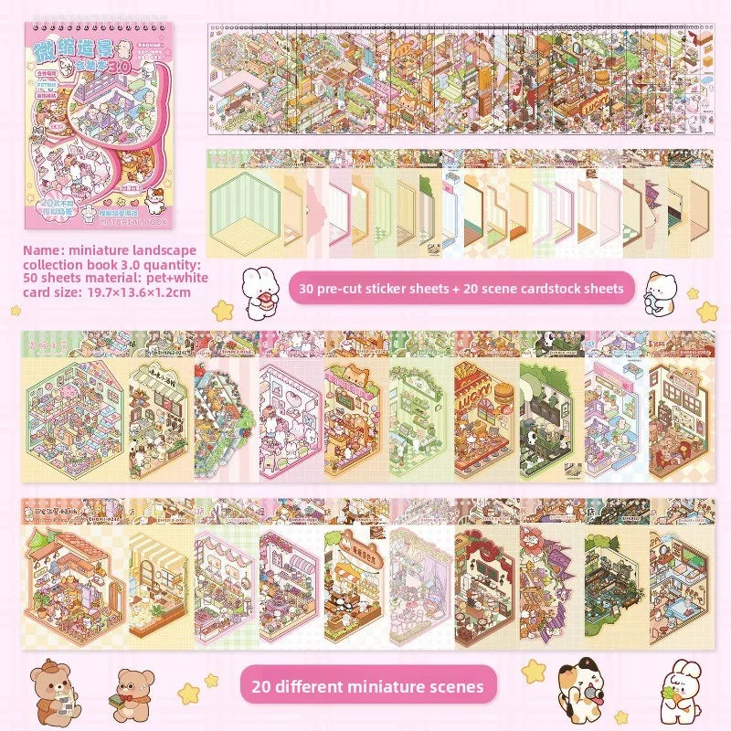 A collection of 30 pre-cut sticker sheets and 20 scene cardstock sheets for miniature landscape art.