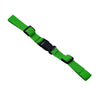 A green and black adjustable backpack chest strap with a fabric webbing design.