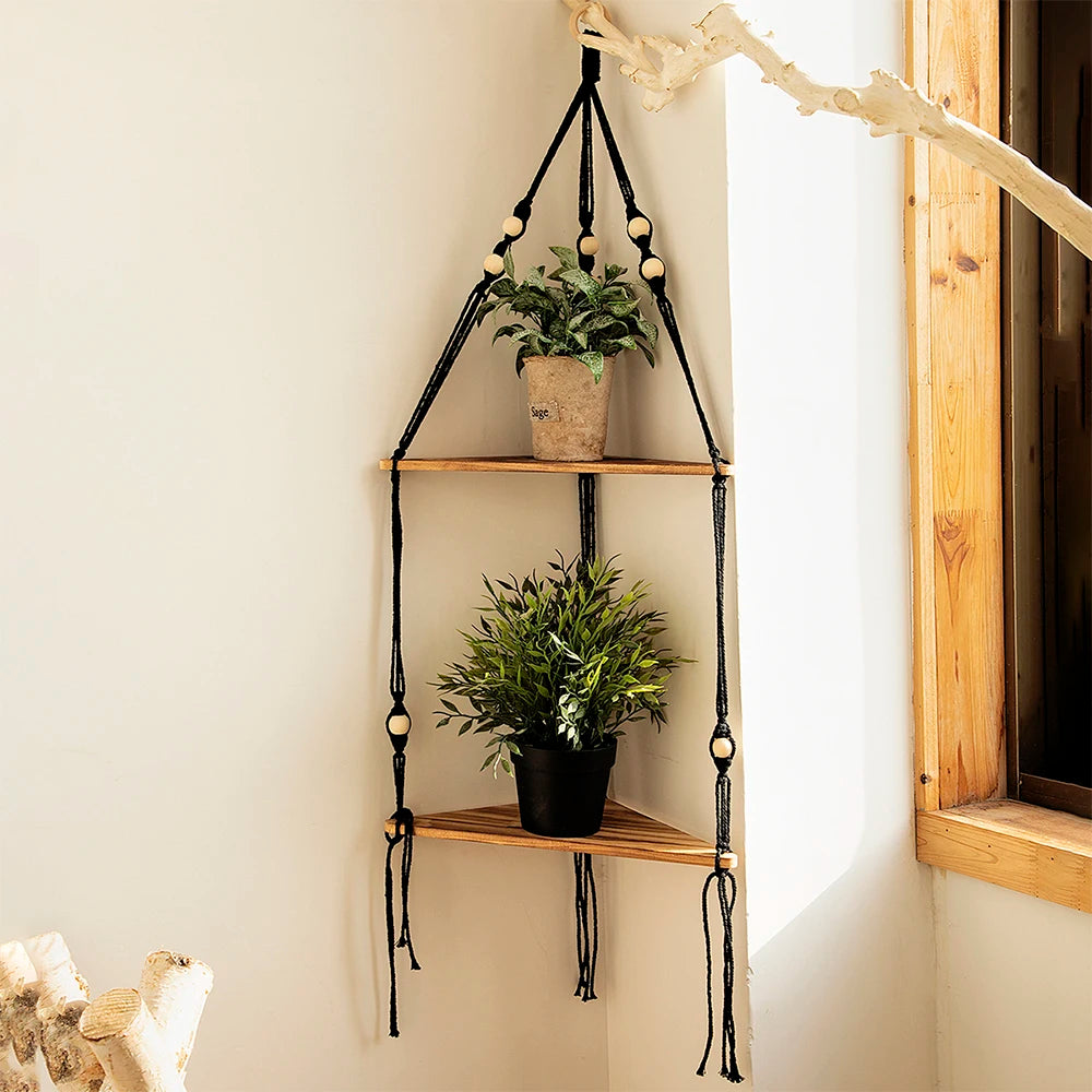 Triangle Wood Floating Wall Shelf with Macrame Rope