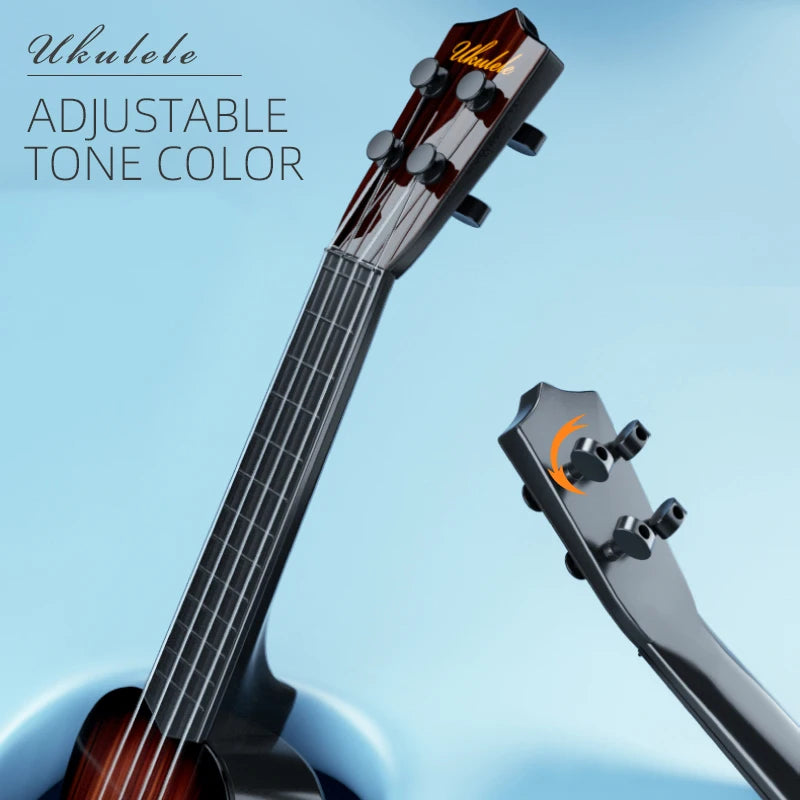 Adjustable tone color ukulele guitar neck and fretboard with tuning pegs visible