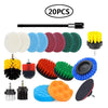 A set of 20 cleaning brush attachments for power drills, including various shapes and colors like round, flat, and specialize