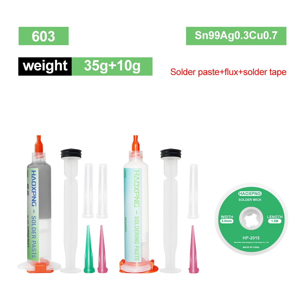 A set of solder paste and solder tape components including a 603 weight, Sn99Ag0.3Cu0.7 solder paste, and solder tape for ele