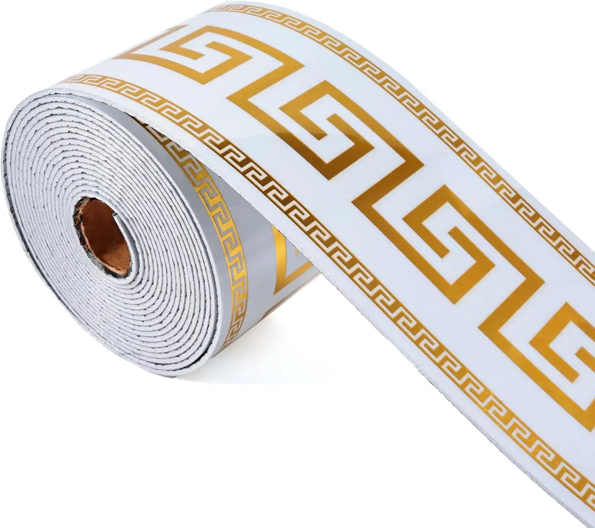 Roll of self-adhesive PVC foam wallpaper border trim in white and gold Greek key pattern