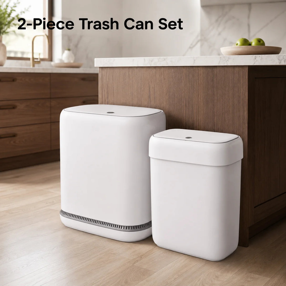 A set of two white, slim rectangular trash cans with lids sitting on a wooden cabinet top.