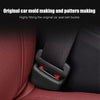 A black protective cover is shown fitting an original car seat belt buckle on a red car seat.
