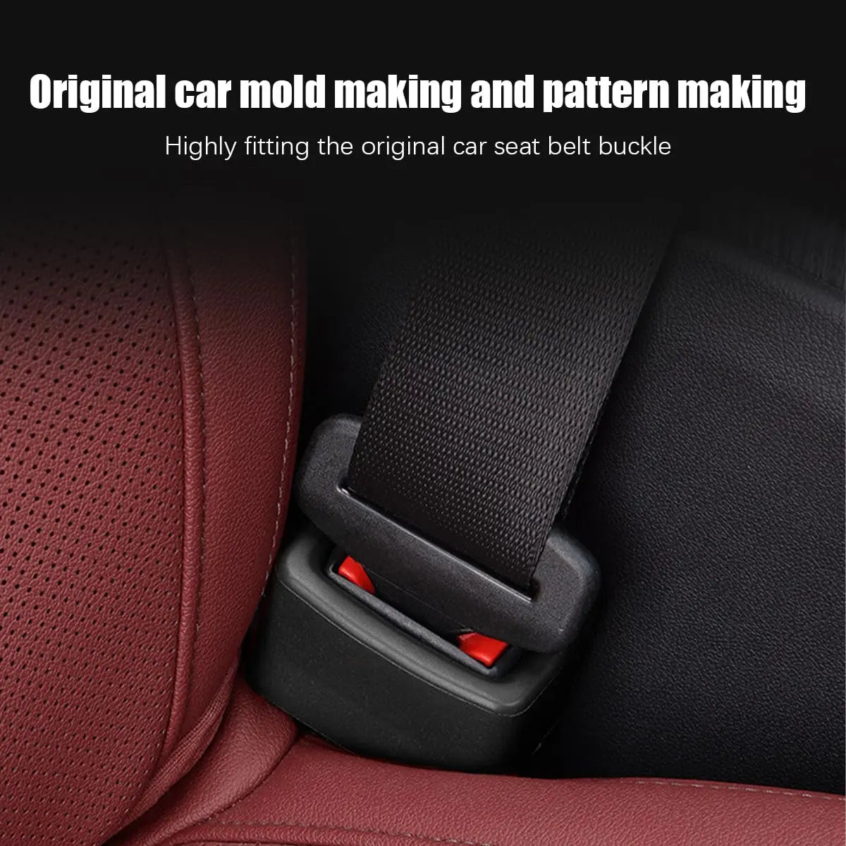 A black protective cover is shown fitting an original car seat belt buckle on a red car seat.