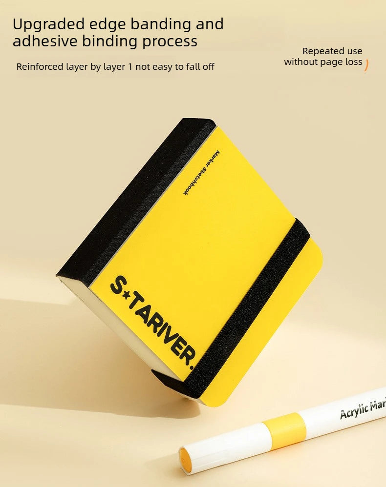 A yellow sketchbook with black binding shows an upgraded edge banding and adhesive binding process.