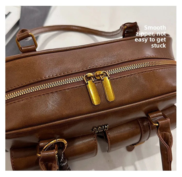 Women's Retro PU Leather Shoulder Bag with Multiple Pockets & Detachable Charm