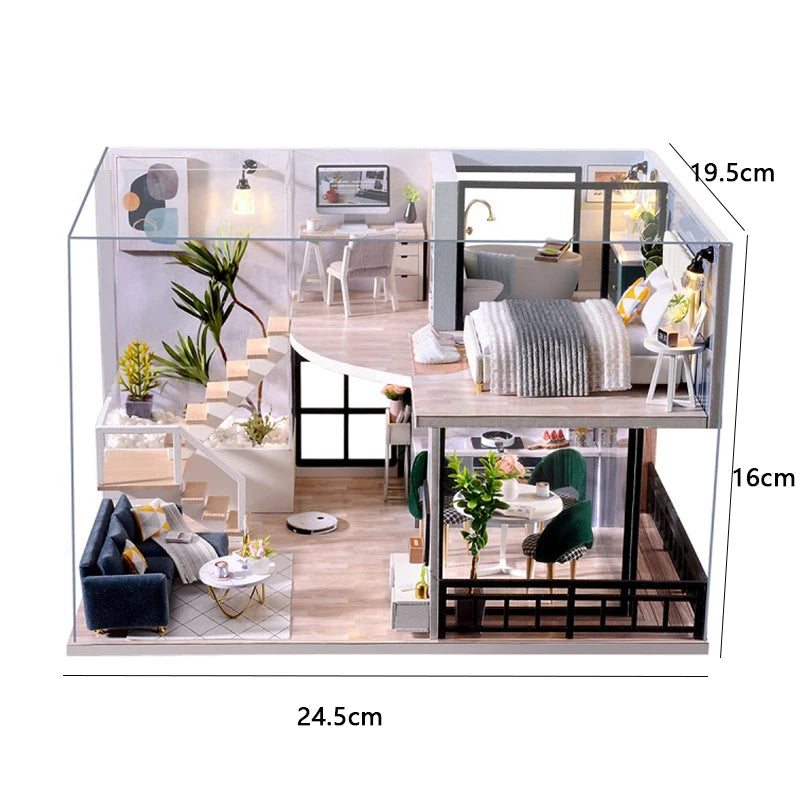 A detailed miniature wooden dollhouse building kit featuring furniture and interior decor.