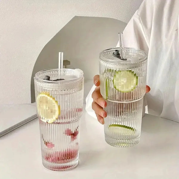 600ml Striped Glass Tumbler with Lid and Straw