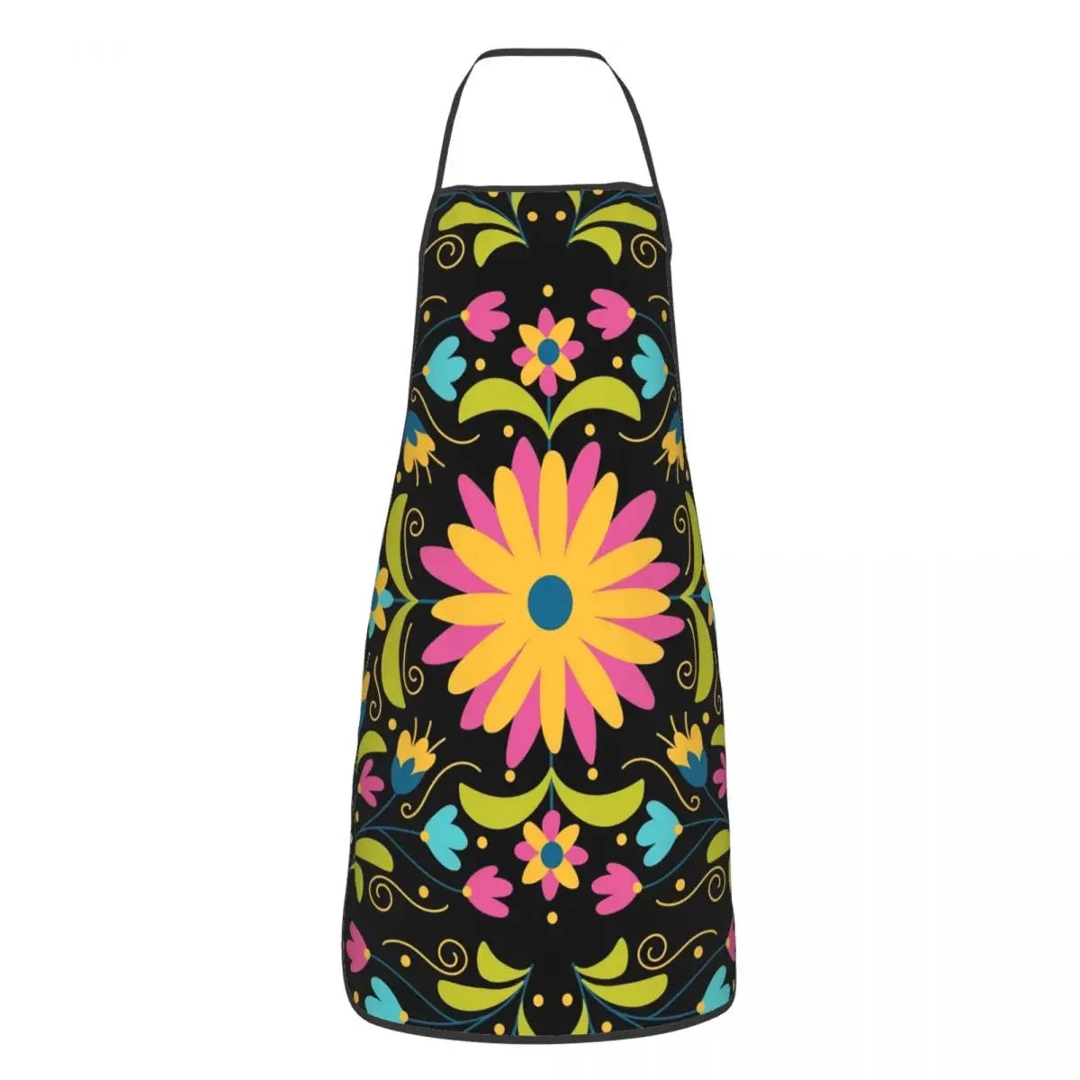 A black apron with a vibrant Mexican floral pattern featuring yellow, pink, and blue flowers.