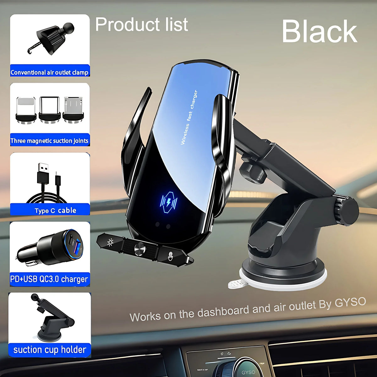 150W Magnetic Wireless Car Charger Mount with Auto-Clamping Cradle