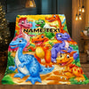 A colorful blanket featuring cartoon dinosaurs in various poses and bright yellow background.