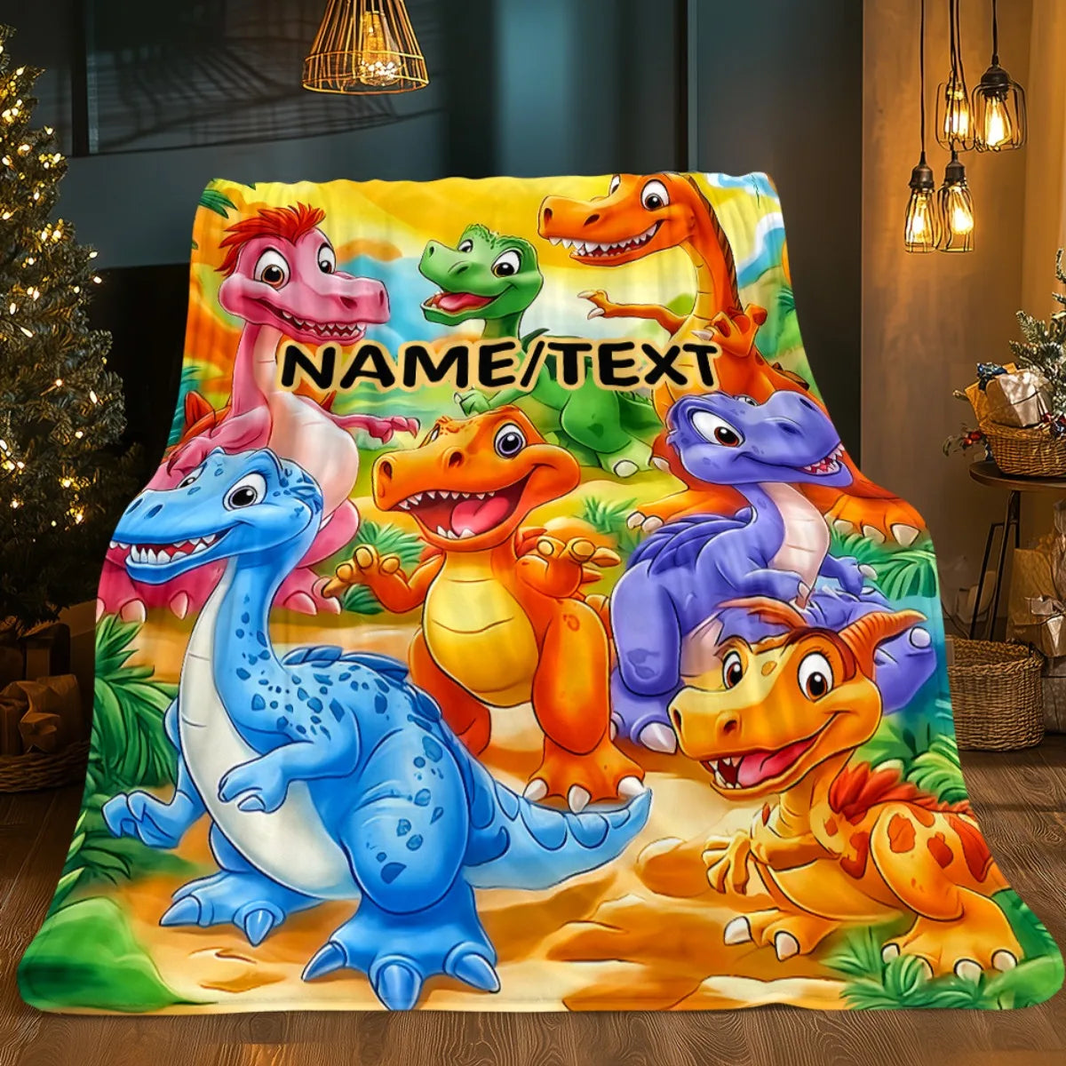 A colorful blanket featuring cartoon dinosaurs in various poses and bright yellow background.