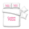 A set of custom picture pillowcases and a duvet cover featuring the theme of firefighters and fire engines.