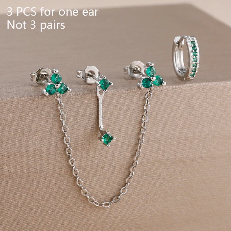 Double-Hole Link Chain Earrings with Green Zircon