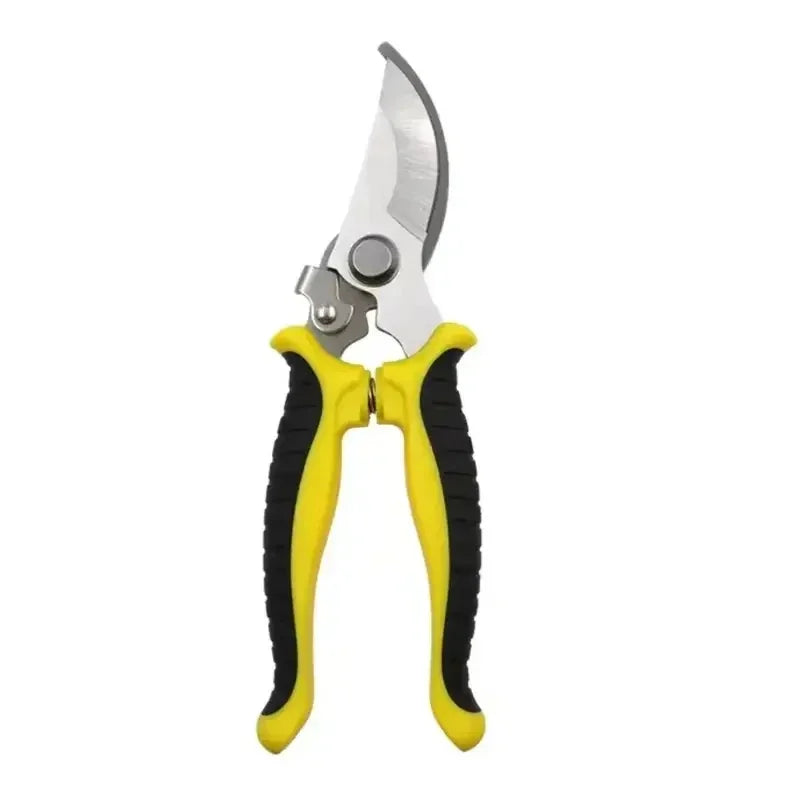 Stainless steel bypass pruning shears with a yellow ergonomic grip.