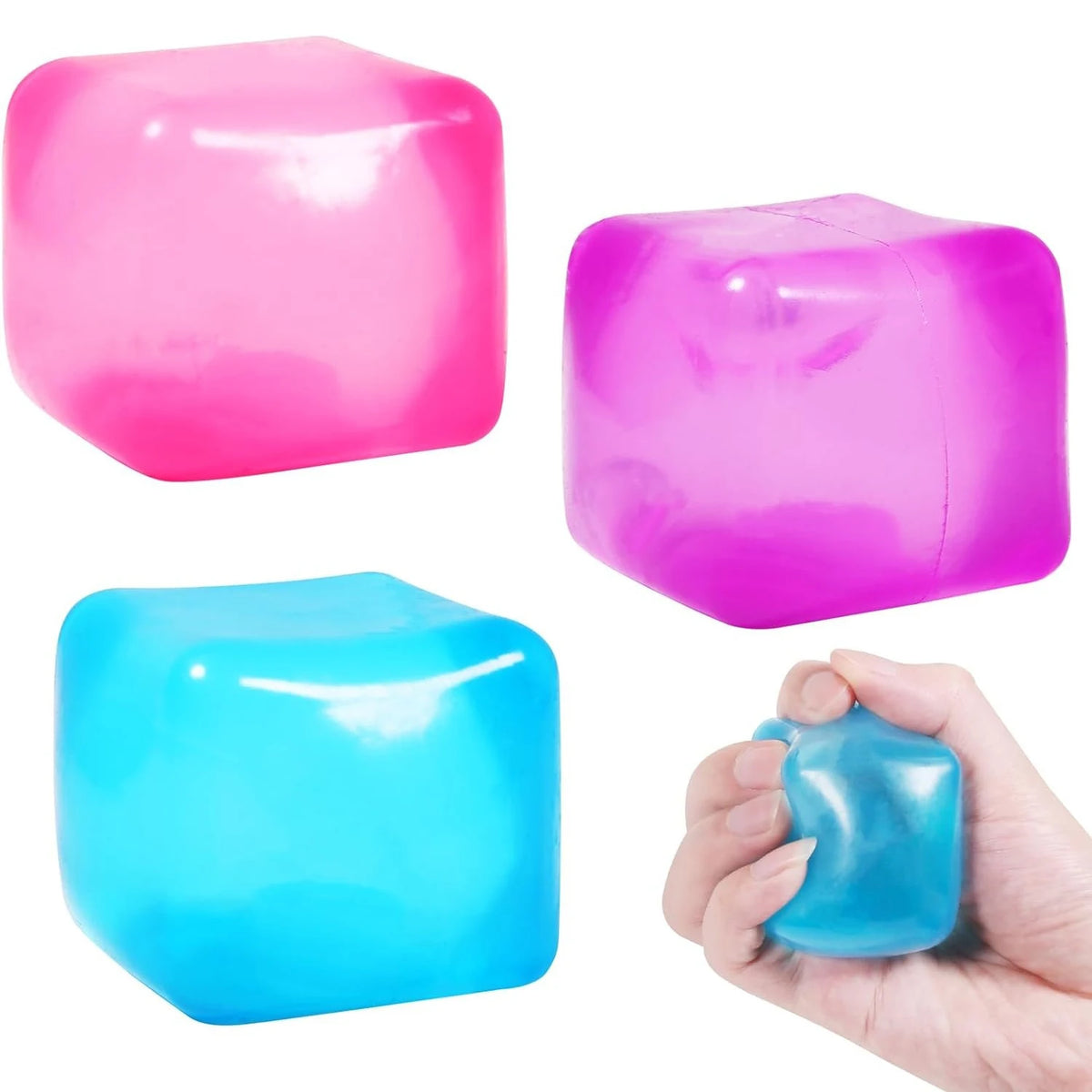 A set of three squishy ice cube fidget toys in pink, purple, and blue colors shown against a white background.