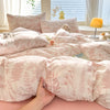 A pink duvet cover set featuring a cute dog print pattern with matching pillowcases and a decorative pillow.