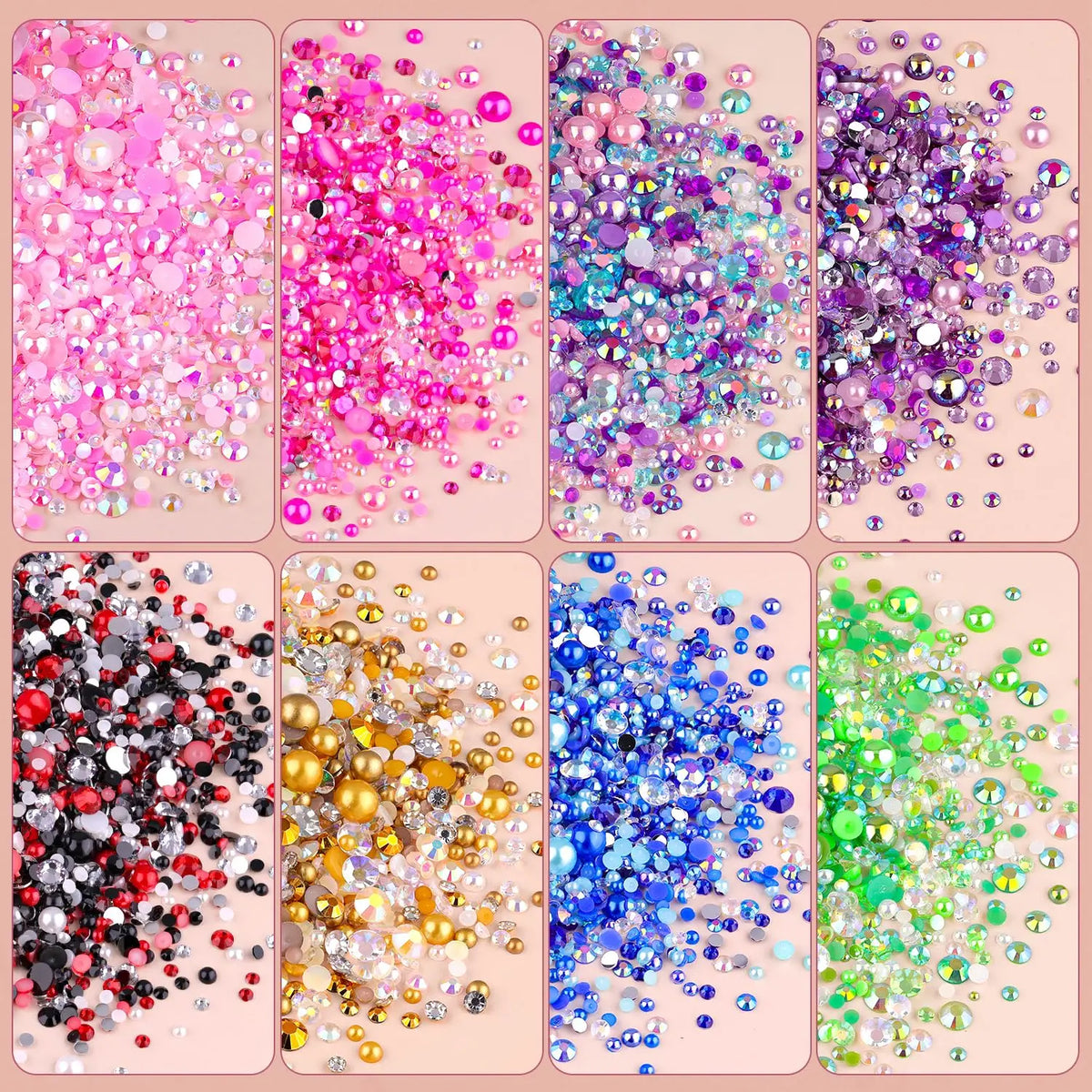 A collection of colorful flatback pearls and rhinestones in various shades and sizes displayed in individual square compartme