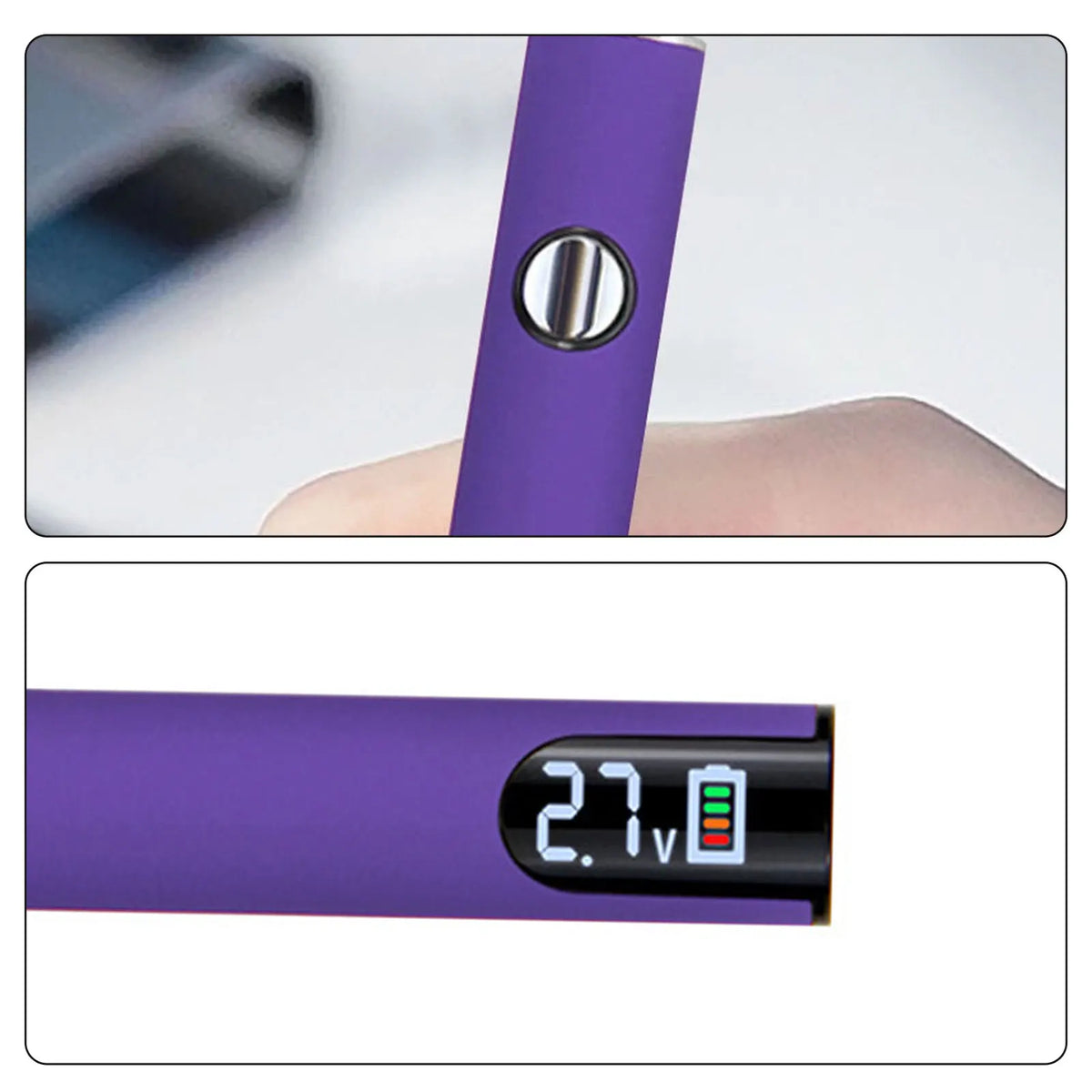 Close-up of a purple cordless soldering iron with a digital display showing 2.7V.