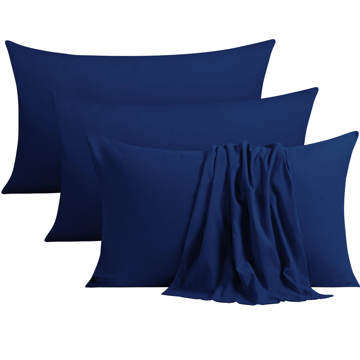 A set of four navy blue microfiber pillowcases with envelope closures stacked together.