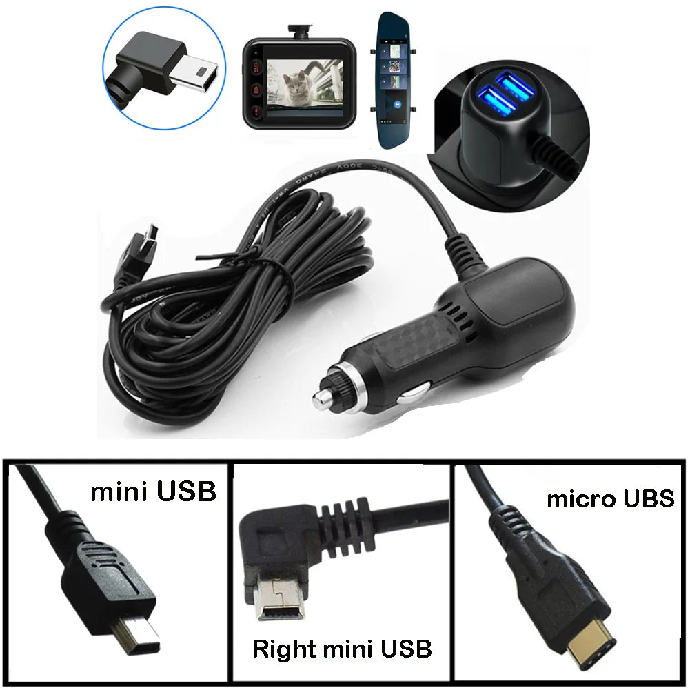 A 2-in-1 USB car charger featuring a black cable and various USB connectors including mini USB and micro USB.