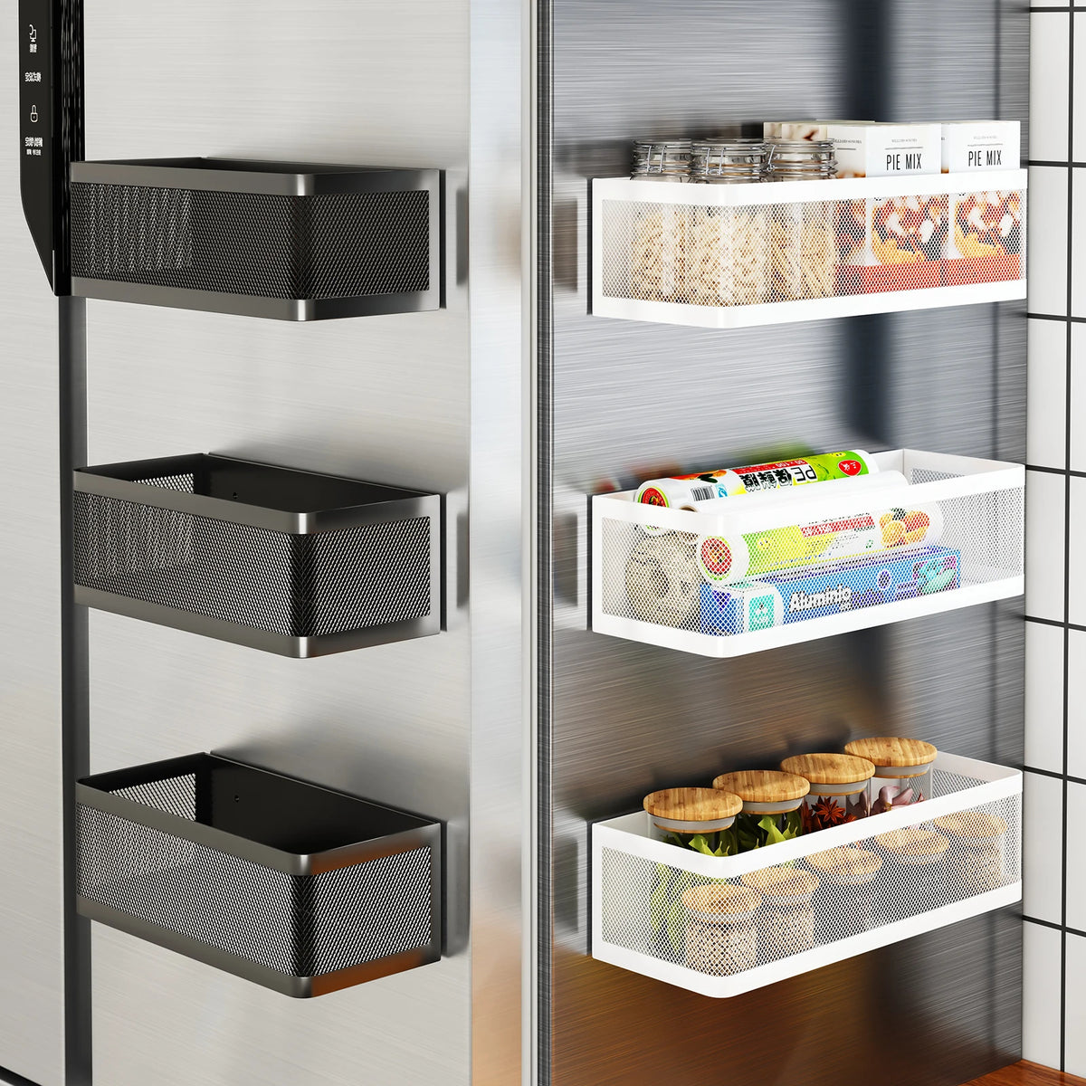 A silver magnetic refrigerator storage rack with multiple clear and black mesh bins for organizing food items.