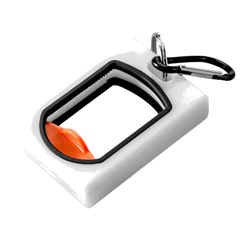 A white cable tie organizer with a black frame and an orange component, featuring a metal carabiner clip.