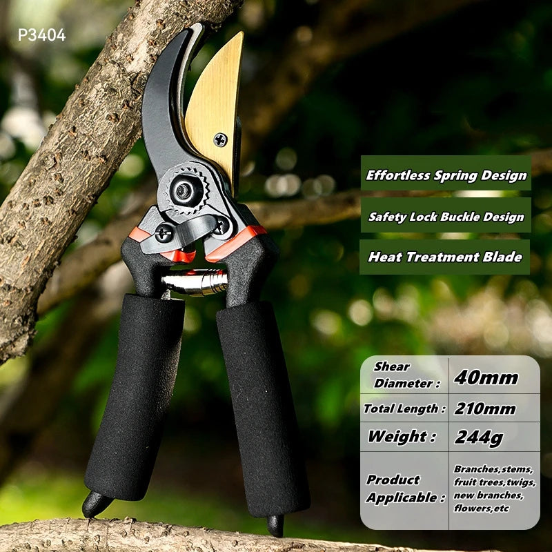 A pair of black precision pruning shears with a yellow blade are shown against a tree branch.