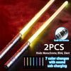 Two metal lightsabers with bright light and various color modes shown against a dark red background