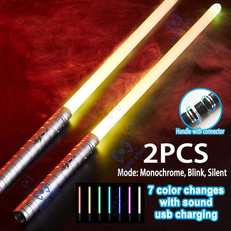 Two metal lightsabers with bright light and various color modes shown against a dark red background