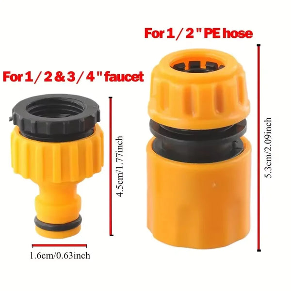 Set of yellow and black hose connector adapters for 1/2 and 3/4 inch faucets